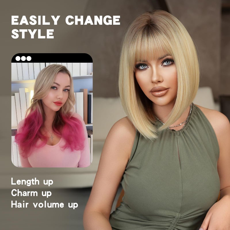 7JHH WIGS 7JHHWIGS 13in Blonde Bob Bangs Wigs Natural Mixed Blonde Heat Resistant Synthetic Fiber Women Wigs for Chrismas Daily Party Daily Used - Image 3